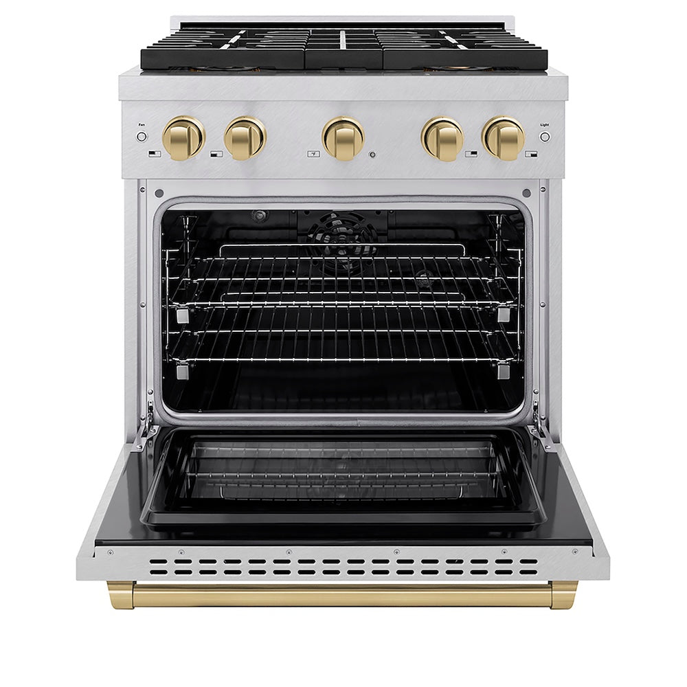 ZLINE Autograph Edition 30 in. 4.2 cu. ft. Paramount Dual Fuel Range with 4 Burner DuoPro™ Cooktop and Electric Convection Oven in Satin Stainless Steel and Champagne Bronze Accents, Open Box-Good Condition