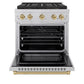 ZLINE Autograph Edition 30 in. 4.2 cu. ft. Paramount Dual Fuel Range with 4 Burner DuoPro™ Cooktop and Electric Convection Oven in Satin Stainless Steel and Champagne Bronze Accents (PSDRSZ-30-CB) front, oven open.