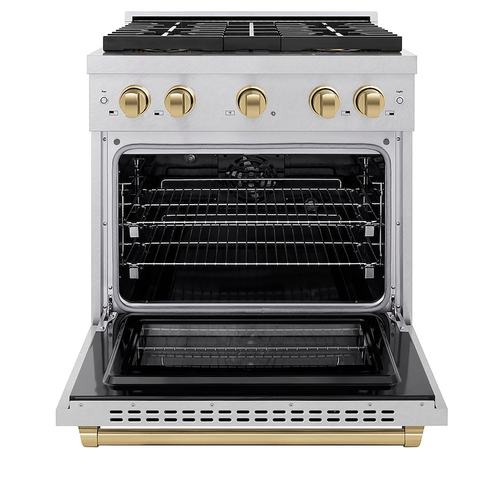 ZLINE Autograph Edition 30 in. 4.2 cu. ft. Paramount Dual Fuel Range with 4 Burner DuoPro™ Cooktop and Electric Convection Oven in Satin Stainless Steel and Champagne Bronze Accents (PSDRSZ-30-CB) front, oven open.