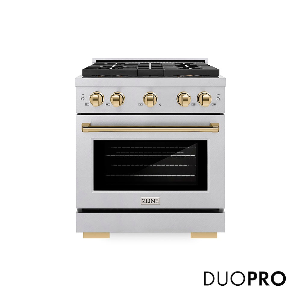 ZLINE Autograph Edition 30 in. 4.2 cu. ft. Paramount Dual Fuel Range with 4 Burner DuoPro™ Cooktop and Electric Convection Oven in Satin Stainless Steel and Polished Gold Accents, Open Box-Good Condition