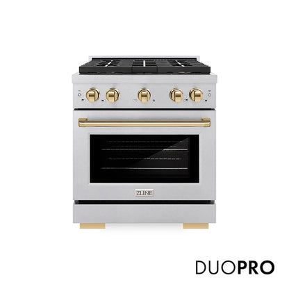 ZLINE Autograph Edition 30 in. 4.2 cu. ft. Paramount Dual Fuel Range with 4 Burner DuoPro™ Cooktop and Electric Convection Oven in Satin Stainless Steel and Polished Gold Accents, Open Box-Good Condition