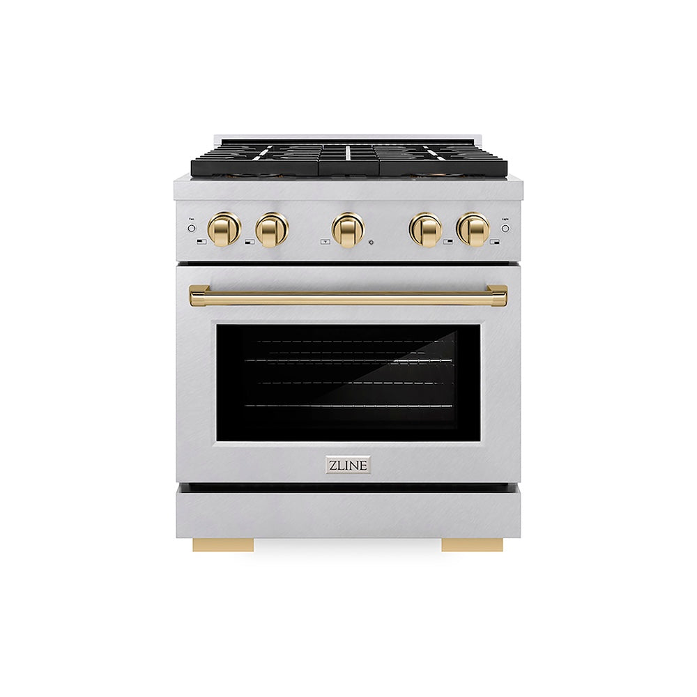 ZLINE Autograph Edition 30 in. 4.2 cu. ft. Paramount Dual Fuel Range with 4 Burner DuoPro™ Cooktop and Electric Convection Oven in Satin Stainless Steel and Polished Gold Accents (PSDRSZ-30-G) front.