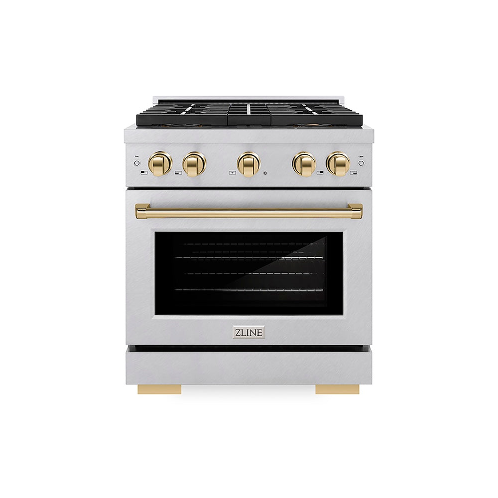 ZLINE Autograph Edition 30 in. 4.2 cu. ft. Paramount Dual Fuel Range with 4 Burner DuoPro™ Cooktop and Electric Convection Oven in Satin Stainless Steel and Polished Gold Accents, Open Box-Good Condition