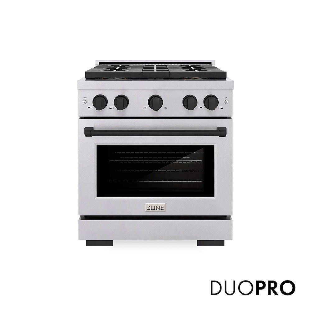 ZLINE Autograph Edition 30 in. 4.2 cu. ft. Paramount Dual Fuel Range with 4 Burner DuoPro™ Cooktop and Electric Convection Oven in Satin Stainless Steel and Matte Black Accents, Open Box-Good Condition