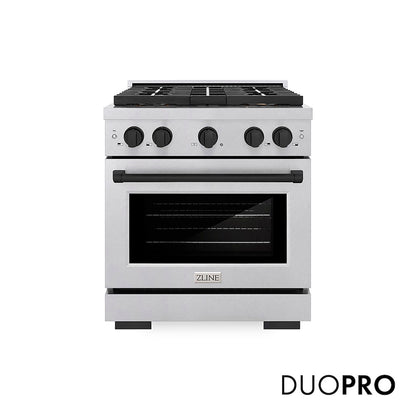 ZLINE Autograph Edition 30 in. 4.2 cu. ft. Paramount Dual Fuel Range with 4 Burner DuoPro™ Cooktop and Electric Convection Oven in Satin Stainless Steel and Matte Black Accents, Open Box-Good Condition