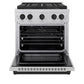 ZLINE Autograph Edition 30 in. 4.2 cu. ft. Paramount Dual Fuel Range with 4 Burner DuoPro™ Cooktop and Electric Convection Oven in Satin Stainless Steel and Matte Black Accents (PSDRSZ-30-MB) front, oven open.