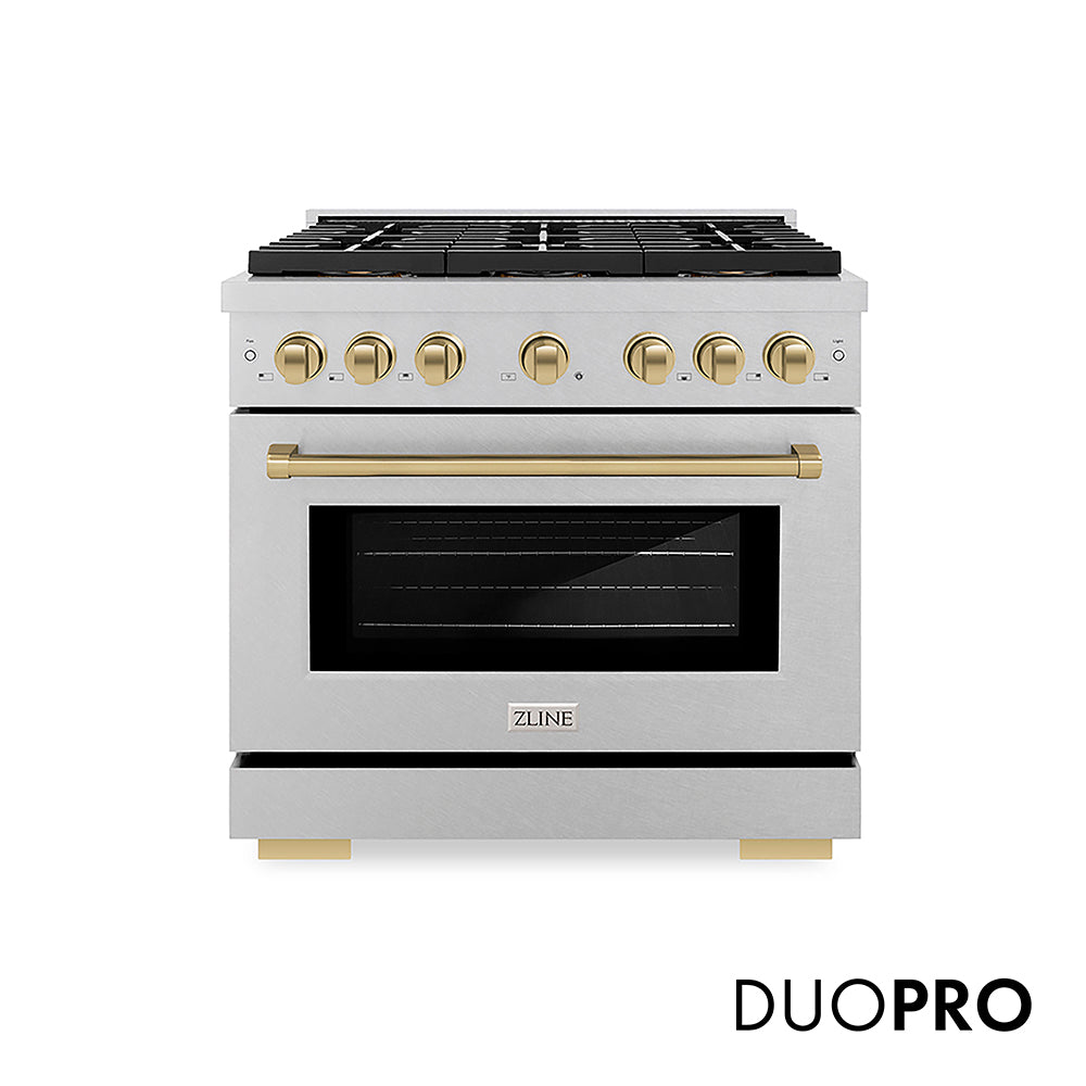 ZLINE Autograph Edition 36 in. 5.2 cu. ft. Paramount Dual Fuel Range with 6 Burner DuoPro™ Cooktop and Electric Convection Oven in Satin Stainless Steel and Champagne Bronze Accents, Open Box-Great Condition main image.