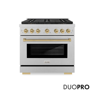 ZLINE Autograph Edition 36 in. 5.2 cu. ft. Paramount Dual Fuel Range with 6 Burner DuoPro™ Cooktop and Electric Convection Oven in Satin Stainless Steel and Champagne Bronze Accents, Open Box-Great Condition main image.