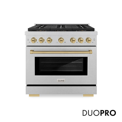 ZLINE Autograph Edition 36 in. 5.2 cu. ft. Paramount Dual Fuel Range with 6 Burner DuoPro™ Cooktop and Electric Convection Oven in Satin Stainless Steel and Champagne Bronze Accents, Open Box-Great Condition