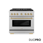 ZLINE Autograph Edition 36 in. 5.2 cu. ft. Paramount Dual Fuel Range with 6 Burner DuoPro™ Cooktop and Electric Convection Oven in Satin Stainless Steel and Champagne Bronze Accents, Open Box-Good Condition