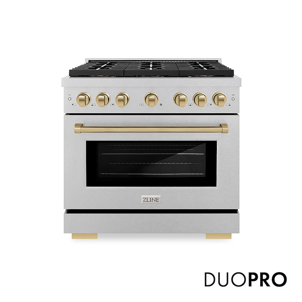 ZLINE Autograph Edition 36 in. 5.2 cu. ft. Paramount Dual Fuel Range with 6 Burner DuoPro™ Cooktop and Electric Convection Oven in Satin Stainless Steel and Champagne Bronze Accents, Open Box-Good Condition