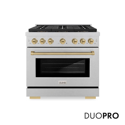 ZLINE Autograph Edition 36 in. 5.2 cu. ft. Paramount Dual Fuel Range with 6 Burner DuoPro™ Cooktop and Electric Convection Oven in Satin Stainless Steel and Champagne Bronze Accents, Open Box-Good Condition