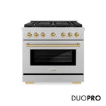 ZLINE Autograph Edition 36 in. 5.2 cu. ft. Paramount Dual Fuel Range with 6 Burner DuoPro™ Cooktop and Electric Convection Oven in Satin Stainless Steel and Champagne Bronze Accents (PSDRSZ-36-CB) front, with DuoPro™ logo.