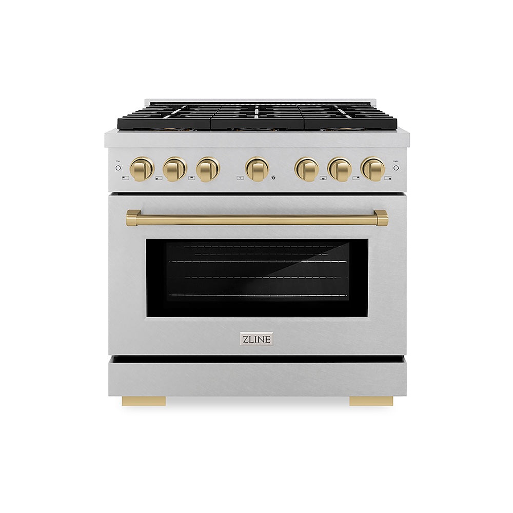 ZLINE Autograph Edition 36 in. 5.2 cu. ft. Paramount Dual Fuel Range with 6 Burner DuoPro™ Cooktop and Electric Convection Oven in Satin Stainless Steel and Champagne Bronze Accents (PSDRSZ-36-CB) front.
