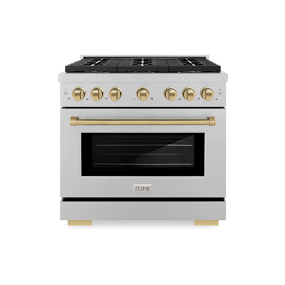 ZLINE Autograph Edition 36 in. 5.2 cu. ft. Paramount Dual Fuel Range with 6 Burner DuoPro™ Cooktop and Electric Convection Oven in Satin Stainless Steel and Champagne Bronze Accents, Open Box-Good Condition