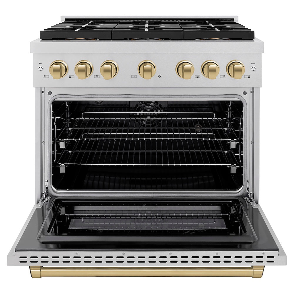 ZLINE Autograph Edition 36 in. 5.2 cu. ft. Paramount Dual Fuel Range with 6 Burner DuoPro™ Cooktop and Electric Convection Oven in Satin Stainless Steel and Champagne Bronze Accents, Open Box-Good Condition