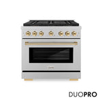 ZLINE Autograph Edition 36 in. 5.2 cu. ft. Paramount Dual Fuel Range with 6 Burner DuoPro™ Cooktop and Electric Convection Oven in Satin Stainless Steel and Polished Gold Accents (PSDRSZ-36-G) front, with DuoPro™ logo.