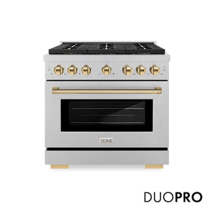 ZLINE Autograph Edition 36 in. 5.2 cu. ft. Paramount Dual Fuel Range with 6 Burner DuoPro™ Cooktop and Electric Convection Oven in Satin Stainless Steel and Polished Gold Accents (PSDRSZ-36-G) main image.
