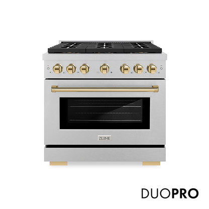 ZLINE Autograph Edition 36 in. 5.2 cu. ft. Paramount Dual Fuel Range with 6 Burner DuoPro™ Cooktop and Electric Convection Oven in Satin Stainless Steel and Polished Gold Accents, Open Box-Great Condition