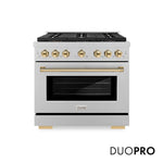 ZLINE Autograph Edition 36 in. 5.2 cu. ft. Paramount Dual Fuel Range with 6 Burner DuoPro™ Cooktop and Electric Convection Oven in Satin Stainless Steel and Polished Gold Accents, Open Box-Good Condition