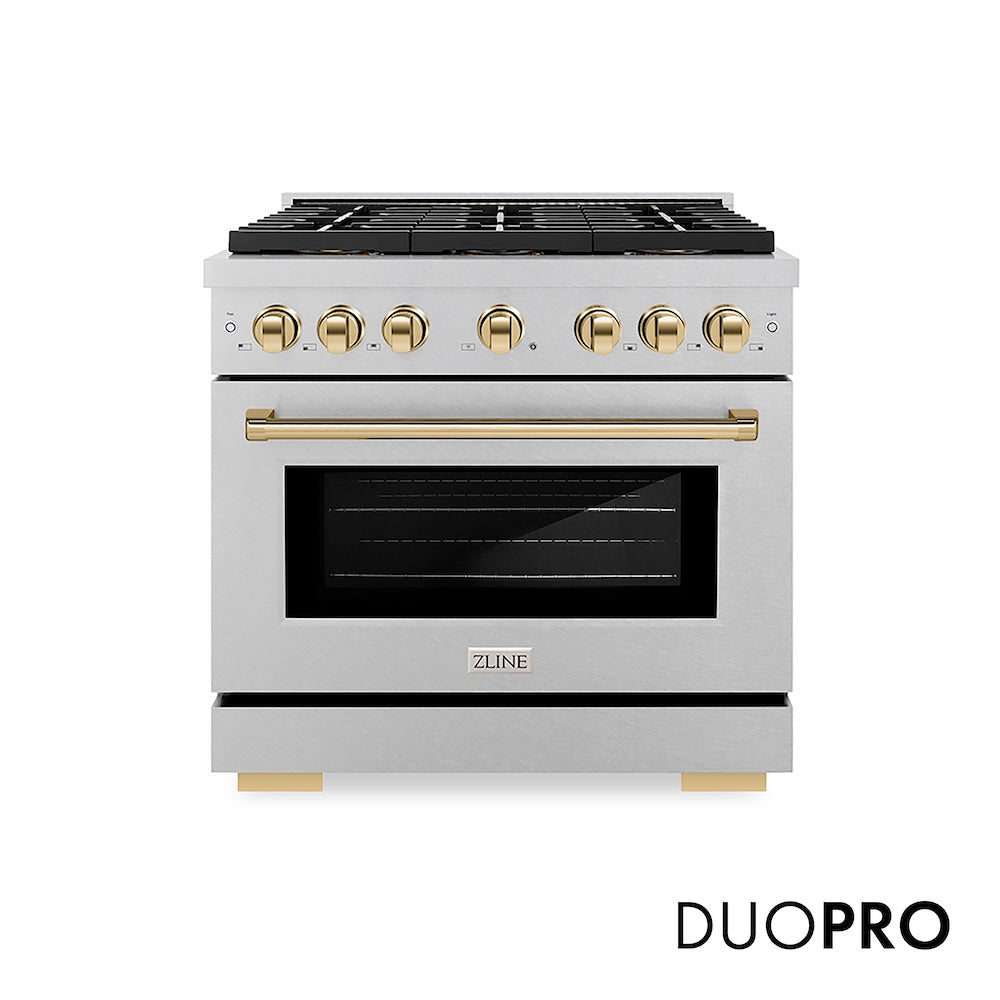 ZLINE Autograph Edition 36 in. 5.2 cu. ft. Paramount Dual Fuel Range with 6 Burner DuoPro™ Cooktop and Electric Convection Oven in Satin Stainless Steel and Polished Gold Accents, Open Box-Good Condition