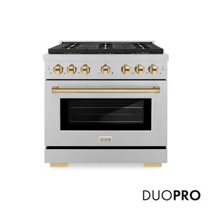 ZLINE Autograph Edition 36 in. 5.2 cu. ft. Paramount Dual Fuel Range with 6 Burner DuoPro™ Cooktop and Electric Convection Oven in Satin Stainless Steel and Polished Gold Accents, Open Box-Good Condition main image.