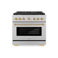 ZLINE Autograph Edition 36 in. 5.2 cu. ft. Paramount Dual Fuel Range with 6 Burner DuoPro™ Cooktop and Electric Convection Oven in Satin Stainless Steel and Polished Gold Accents (PSDRSZ-36-G) front.
