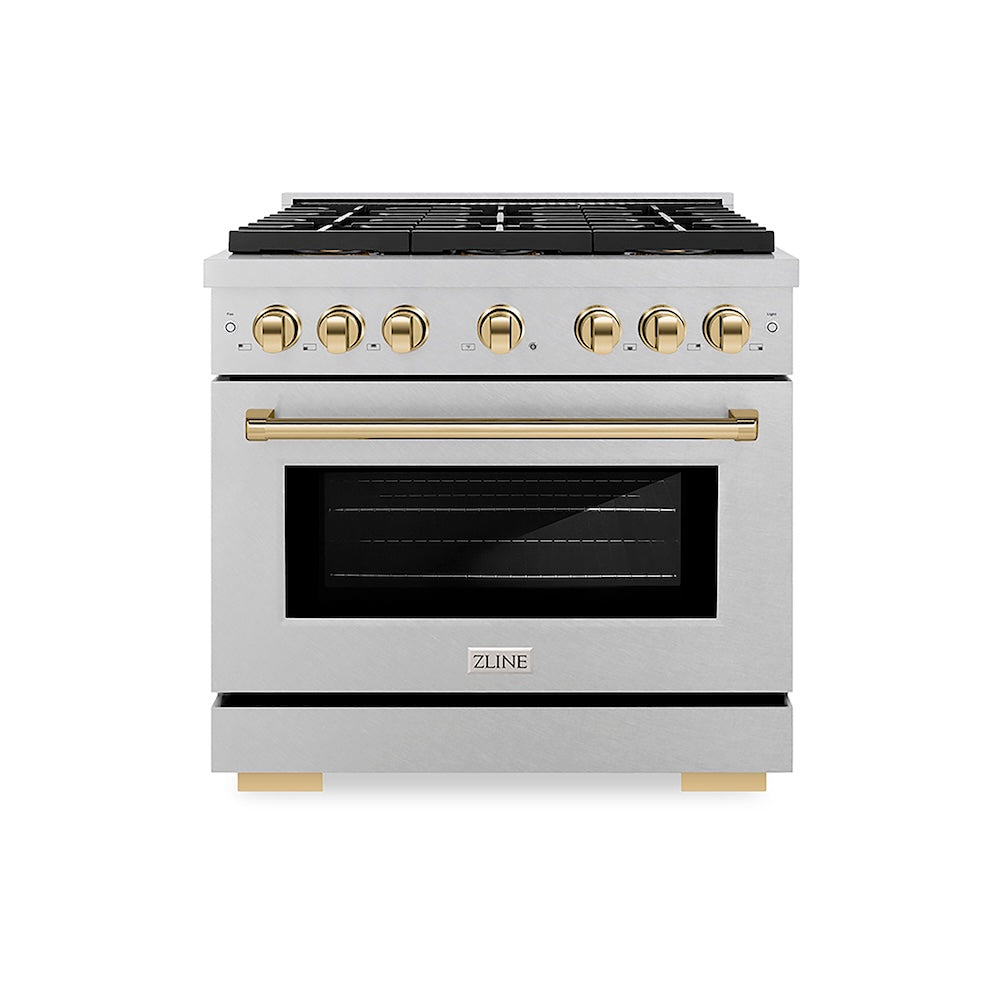 ZLINE Autograph Edition 36 in. 5.2 cu. ft. Paramount Dual Fuel Range with 6 Burner DuoPro™ Cooktop and Electric Convection Oven in Satin Stainless Steel and Polished Gold Accents (PSDRSZ-36-G) front.