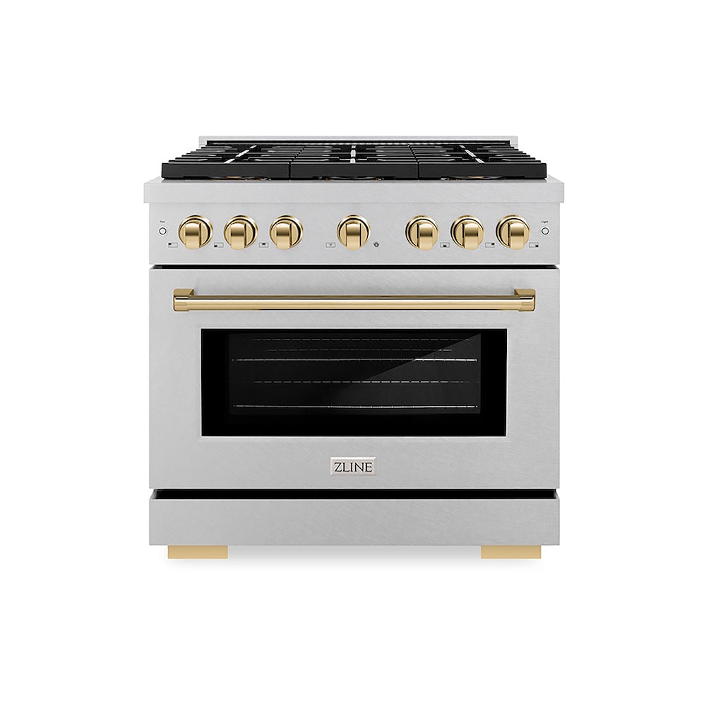 ZLINE Autograph Edition 36 in. 5.2 cu. ft. Paramount Dual Fuel Range with 6 Burner DuoPro™ Cooktop and Electric Convection Oven in Satin Stainless Steel and Polished Gold Accents, Open Box-Good Condition