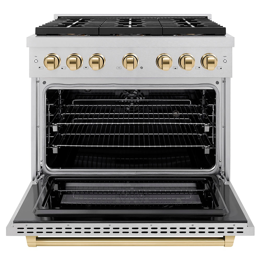 ZLINE Autograph Edition 36 in. 5.2 cu. ft. Paramount Dual Fuel Range with 6 Burner DuoPro™ Cooktop and Electric Convection Oven in Satin Stainless Steel and Polished Gold Accents, Open Box-Good Condition