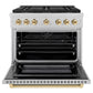 ZLINE Autograph Edition 36 in. 5.2 cu. ft. Paramount Dual Fuel Range with 6 Burner DuoPro™ Cooktop and Electric Convection Oven in Satin Stainless Steel and Polished Gold Accents (PSDRSZ-36-G) front, oven open.