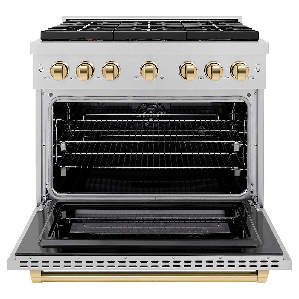ZLINE Autograph Edition 36 in. 5.2 cu. ft. Paramount Dual Fuel Range with 6 Burner DuoPro™ Cooktop and Electric Convection Oven in Satin Stainless Steel and Polished Gold Accents (PSDRSZ-36-G) front, oven open.