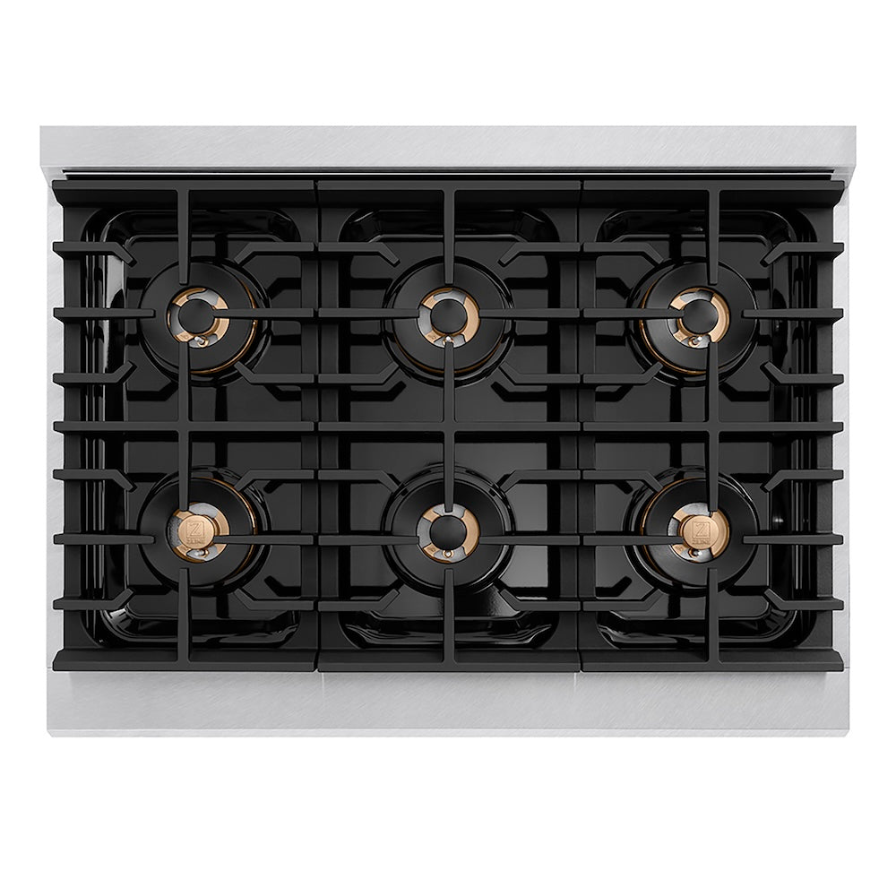 ZLINE Autograph Edition 36 in. 5.2 cu. ft. Paramount Dual Fuel Range with 6 Burner DuoPro™ Cooktop and Electric Convection Oven in Satin Stainless Steel and Polished Gold Accents, Open Box-Good Condition
