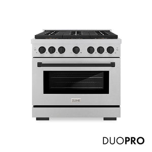 ZLINE Autograph Edition 36 in. 5.2 cu. ft. Paramount Dual Fuel Range with 6 Burner DuoPro™ Cooktop and Electric Convection Oven in Satin Stainless Steel and Matte Black Accents, Open Box-Great Condition main image.