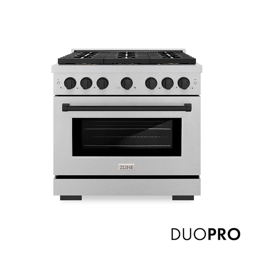 ZLINE Autograph Edition 36 in. 5.2 cu. ft. Paramount Dual Fuel Range with 6 Burner DuoPro™ Cooktop and Electric Convection Oven in Satin Stainless Steel and Matte Black Accents, Open Box-Good Condition
