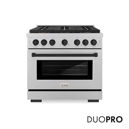 ZLINE Autograph Edition 36 in. 5.2 cu. ft. Paramount Dual Fuel Range with 6 Burner DuoPro™ Cooktop and Electric Convection Oven in Satin Stainless Steel and Matte Black Accents, Open Box-Good Condition