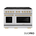 ZLINE Autograph Edition 48 in. 6.7 cu. ft. Paramount Dual Fuel Range with 8 Burner DuoPro™ Cooktop and Dual Ovens in Satin Stainless Steel and Champagne Bronze Accents (PSDRSZ-48-CB) front, with DuoPro™ logo.