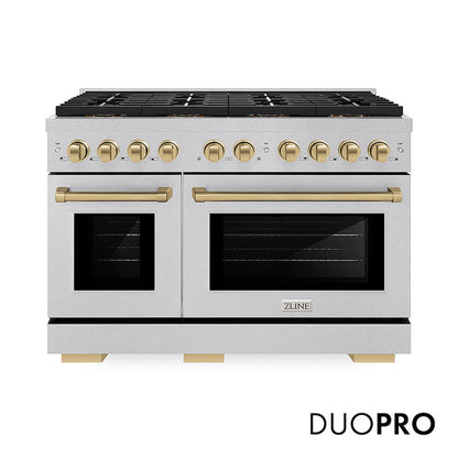 ZLINE Autograph Edition 48 in. 6.7 cu. ft. Paramount Dual Fuel Range with 8 Burner DuoPro™ Cooktop and Dual Ovens in Satin Stainless Steel and Champagne Bronze Accents (PSDRSZ-48-CB) front, with DuoPro™ logo.