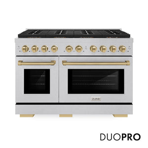 ZLINE Autograph Edition 48 in. 6.7 cu. ft. Paramount Dual Fuel Range with 8 Burner DuoPro™ Cooktop and Dual Ovens in Satin Stainless Steel and Polished Gold Accents, Open Box-Good Condition main image.