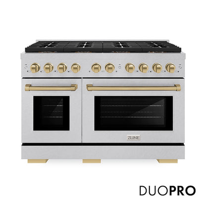 ZLINE Autograph Edition 48 in. 6.7 cu. ft. Paramount Dual Fuel Range with 8 Burner DuoPro™ Cooktop and Dual Ovens in Satin Stainless Steel and Polished Gold Accents, Open Box-Good Condition