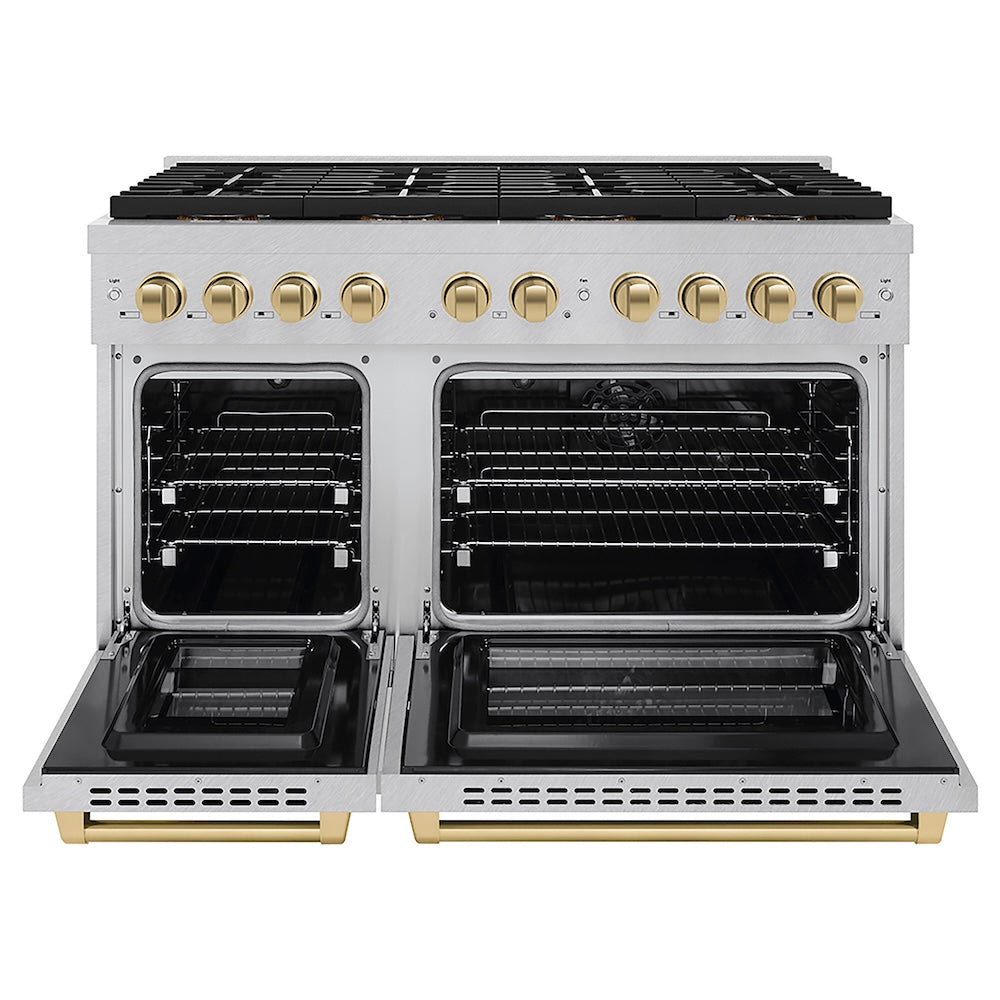 ZLINE Autograph Edition 48 in. 6.7 cu. ft. Paramount Dual Fuel Range with 8 Burner DuoPro™ Cooktop and Dual Ovens in Satin Stainless Steel and Champagne Bronze Accents, Open Box-Good Condition