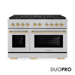ZLINE Autograph Edition 48 in. 6.7 cu. ft. Paramount Dual Fuel Range with 8 Burner DuoPro™ Cooktop and Dual Ovens in Satin Stainless Steel and Polished Gold Accents (PSDRSZ-48-G) front, with DuoPro™ logo.