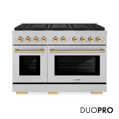 ZLINE Autograph Edition 48 in. 6.7 cu. ft. Paramount Dual Fuel Range with 8 Burner DuoPro™ Cooktop and Dual Ovens in Satin Stainless Steel and Polished Gold Accents (PSDRSZ-48-G) front, with DuoPro™ logo.