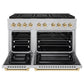 ZLINE Autograph Edition 48 in. 6.7 cu. ft. Paramount Dual Fuel Range with 8 Burner DuoPro™ Cooktop and Dual Ovens in Satin Stainless Steel and Polished Gold Accents (PSDRSZ-48-G) front, oven open.