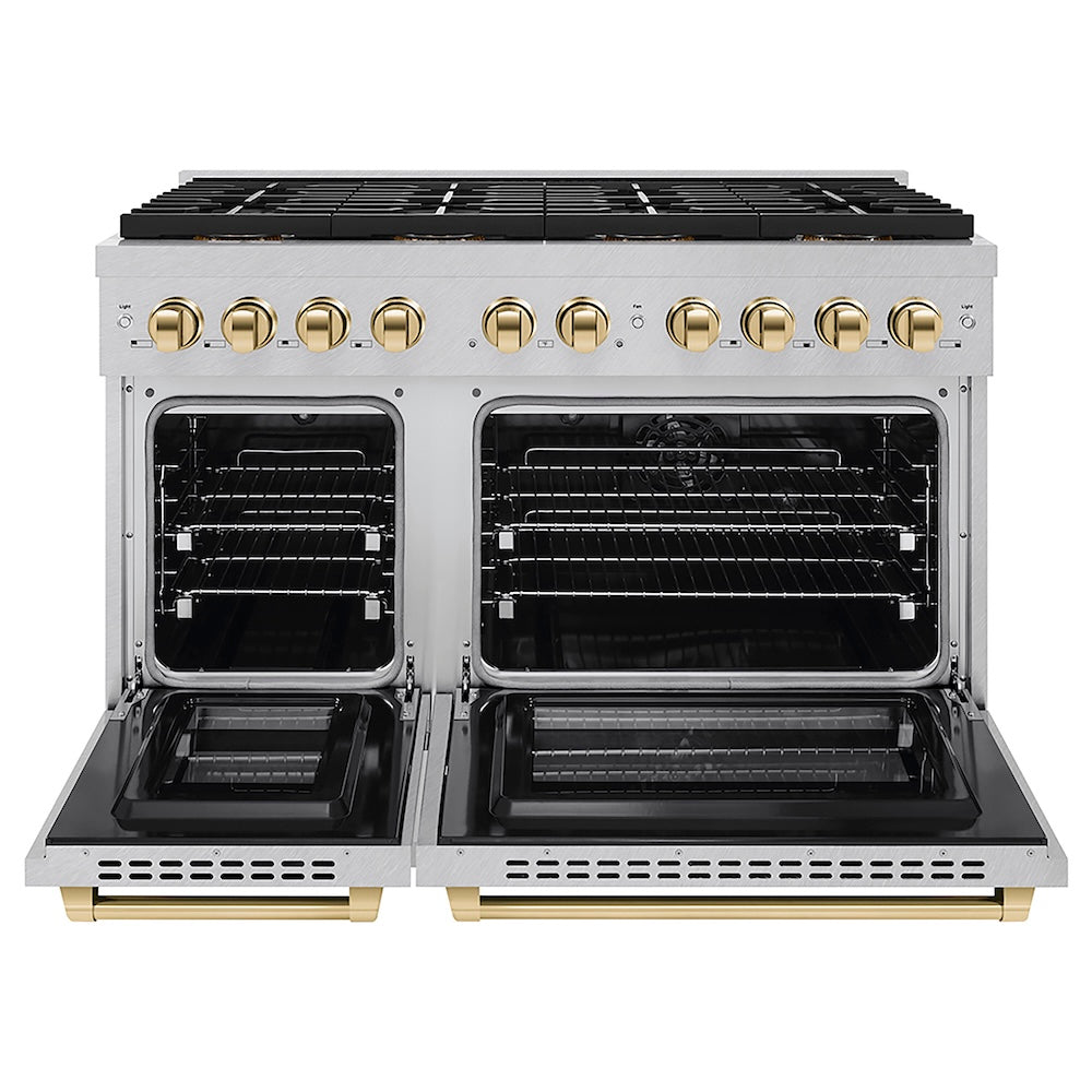 ZLINE Autograph Edition 48 in. 6.7 cu. ft. Paramount Dual Fuel Range with 8 Burner DuoPro™ Cooktop and Dual Ovens in Satin Stainless Steel and Polished Gold Accents (PSDRSZ-48-G) front, oven open.