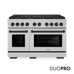 ZLINE Autograph Edition 48 in. 6.7 cu. ft. Paramount Dual Fuel Range with 8 Burner DuoPro™ Cooktop and Dual Ovens in Satin Stainless Steel and Matte Black Accents (PSDRSZ-48-MB) front, with DuoPro™ logo.