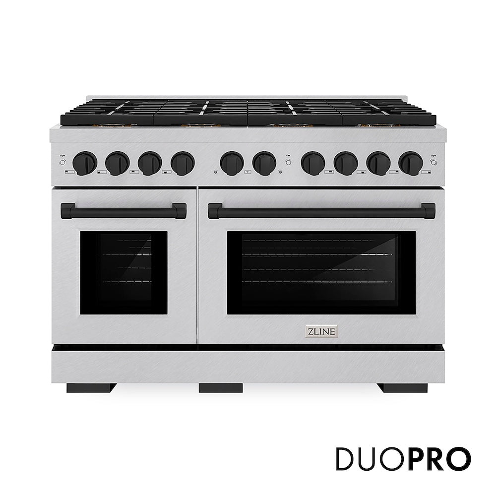 ZLINE Autograph Edition 48 in. 6.7 cu. ft. Paramount Dual Fuel Range with 8 Burner DuoPro™ Cooktop and Dual Ovens in Satin Stainless Steel and Matte Black Accents (PSDRSZ-48-MB) front, with DuoPro™ logo.