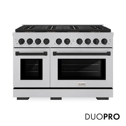 ZLINE Autograph Edition 48 in. 6.7 cu. ft. Paramount Dual Fuel Range with 8 Burner DuoPro™ Cooktop and Dual Ovens in Satin Stainless Steel and Matte Black Accents (PSDRSZ-48-MB) front, with DuoPro™ logo.