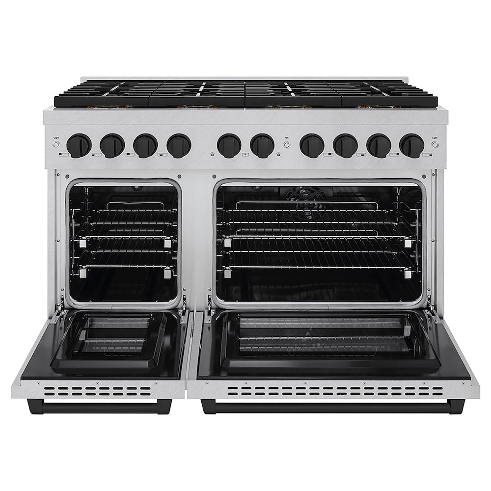 ZLINE Autograph Edition 48 in. 6.7 cu. ft. Paramount Dual Fuel Range with 8 Burner DuoPro™ Cooktop and Dual Ovens in Satin Stainless Steel and Matte Black Accents (PSDRSZ-48-MB) front, oven open.