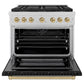 ZLINE Autograph Edition 36 in. 5.2 cu. ft. Paramount Dual Fuel Range with 6 Burner DuoPro™ Cooktop and Electric Convection Oven in Satin Stainless Steel with Black Matte Door and Champagne Bronze Accents (PSDRSZ-BLM36-CB) front, oven open.